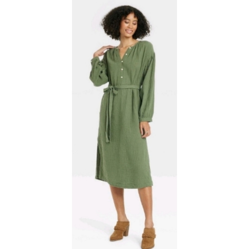 Universal Thread Balloon Long sleeve Tie front Shirtdress Olive Green Size S